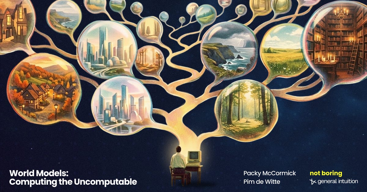 An essay on the history, theory, progress, and potential of world models, a prominent theme at Nvidia GTC 2026, co&written by General Intuition CEO Pim de Witte (Not Boring by Packy McCormick)