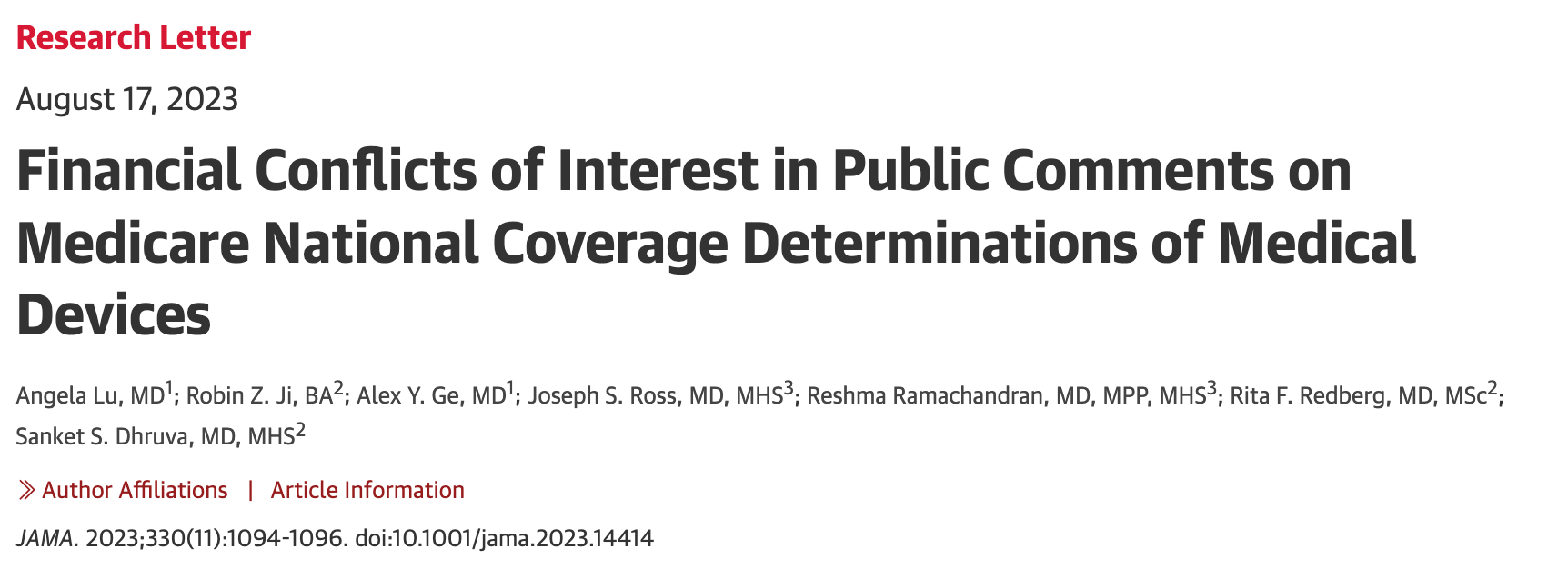New Podcast -- Discussion with Rita Redberg and Angela Lu regarding Their Study on Conflict of Interest