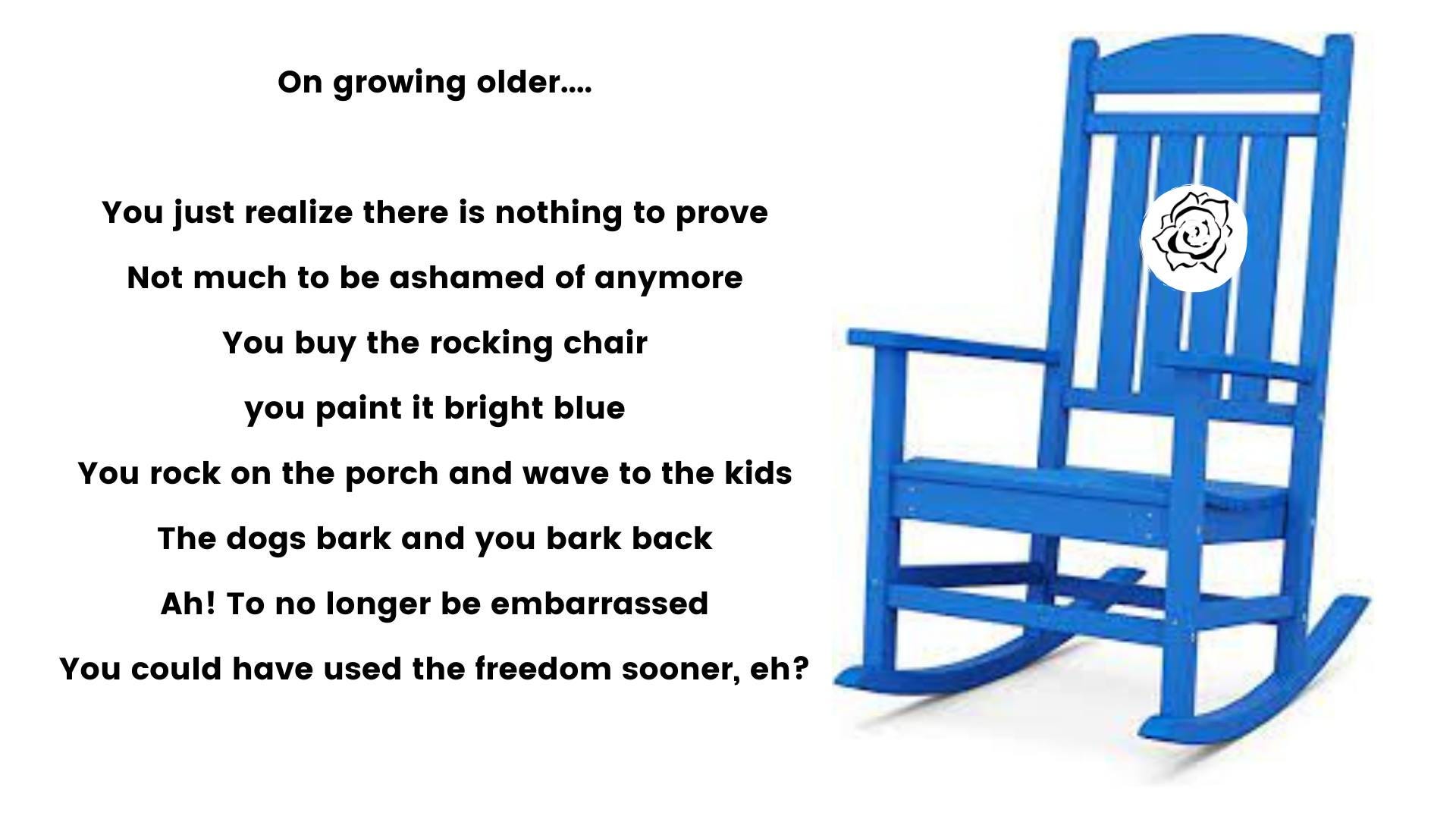 White chin hair and a blue rocking chair