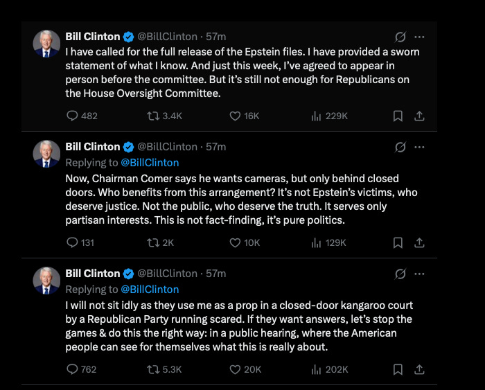 BREAKING: Clinton Demands Public Epstein Hearing, Calls Comer Inquiry a Kangaroo Court