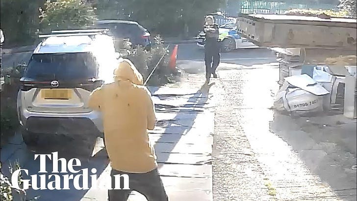 Police in London politely take down a sword-wielding lunatic with a taser, stunning American observer.