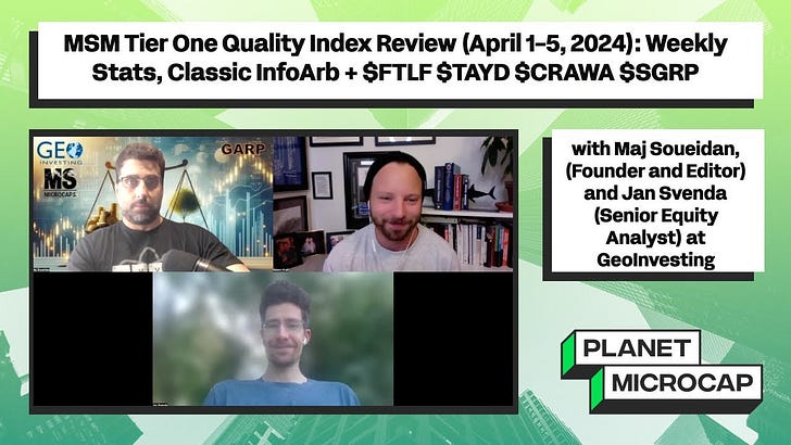 MSM Tier One Quality Index Review (April 1-5, 2024): Weekly Stats, Classic InfoArb + $FTLF $TAYD $CRAWA $SGRP with Maj Soueidan and Jan Svenda from GeoInvesting