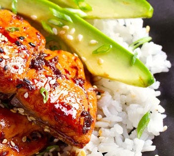 Audio. What's for dinner? Sticky Orange Miso Salmon and Avocado Cucumber Rice Bowl episode artwork