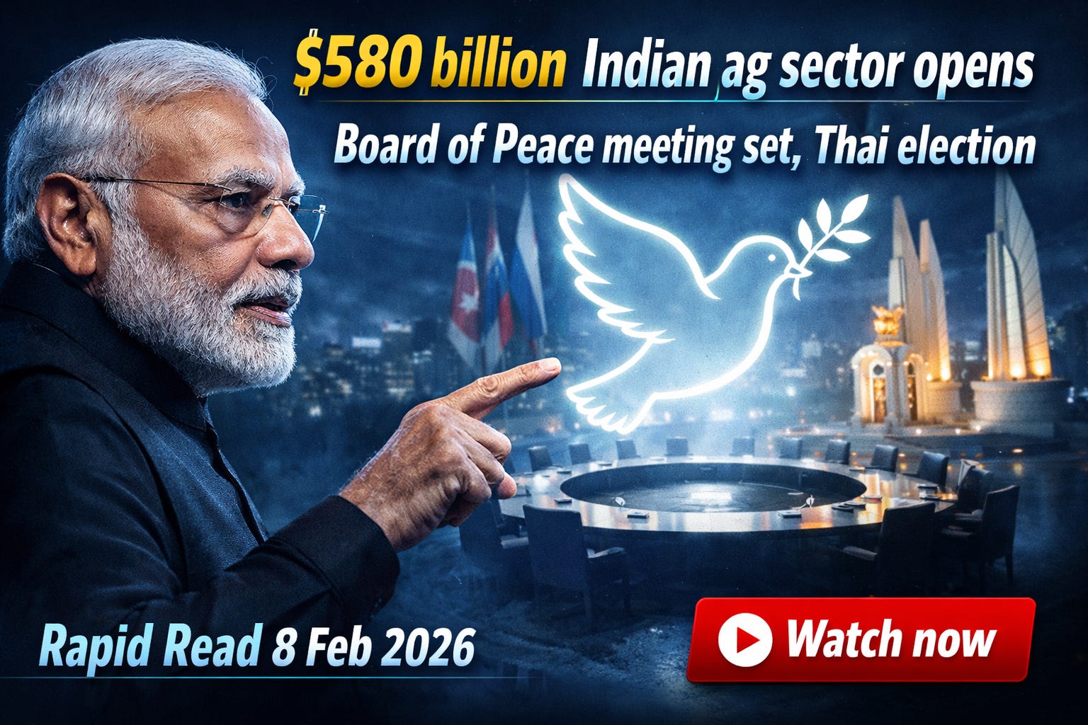 $580 billion Indian Ag Sector Opens, Board of Peace Meeting Set, Thai Election —Rapid Read 8 Feb 2026 episode artwork