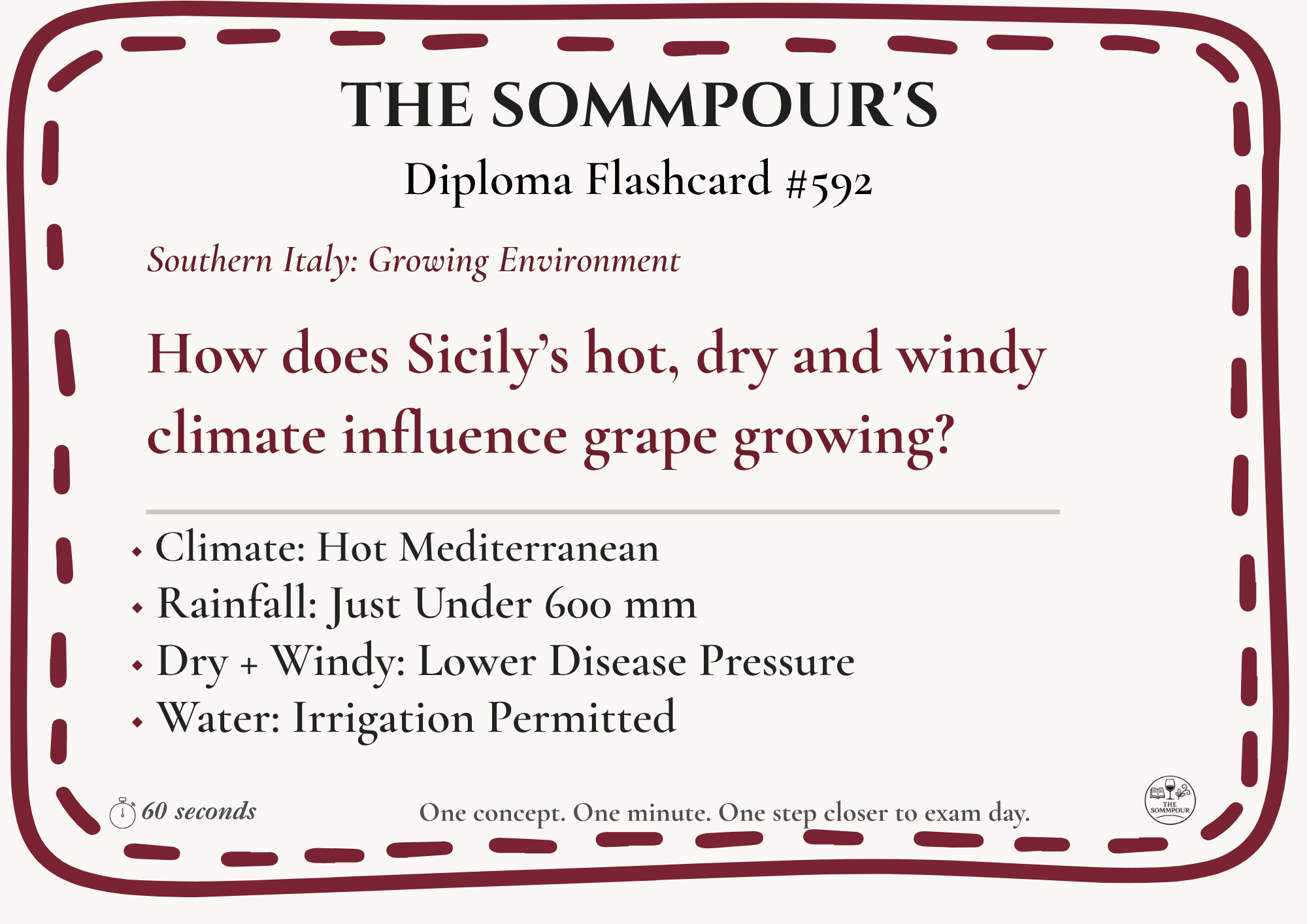 Diploma Flashcard #592: How does Sicily’s hot, dry and windy climate influence grape growing? episode artwork