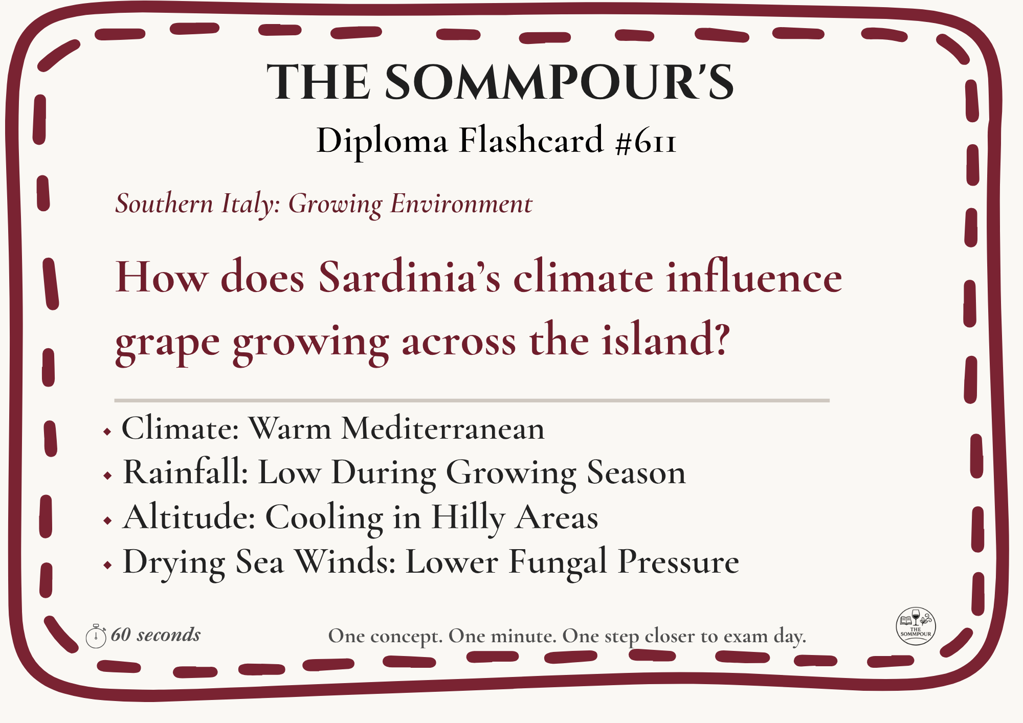 Diploma Flashcard #611: How does Sardinia’s climate influence grape growing across the island? episode artwork
