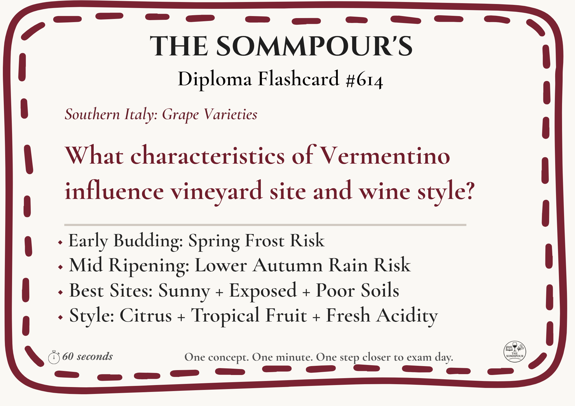 Diploma Flashcard #614: What characteristics of Vermentino influence vineyard site and wine style? episode artwork
