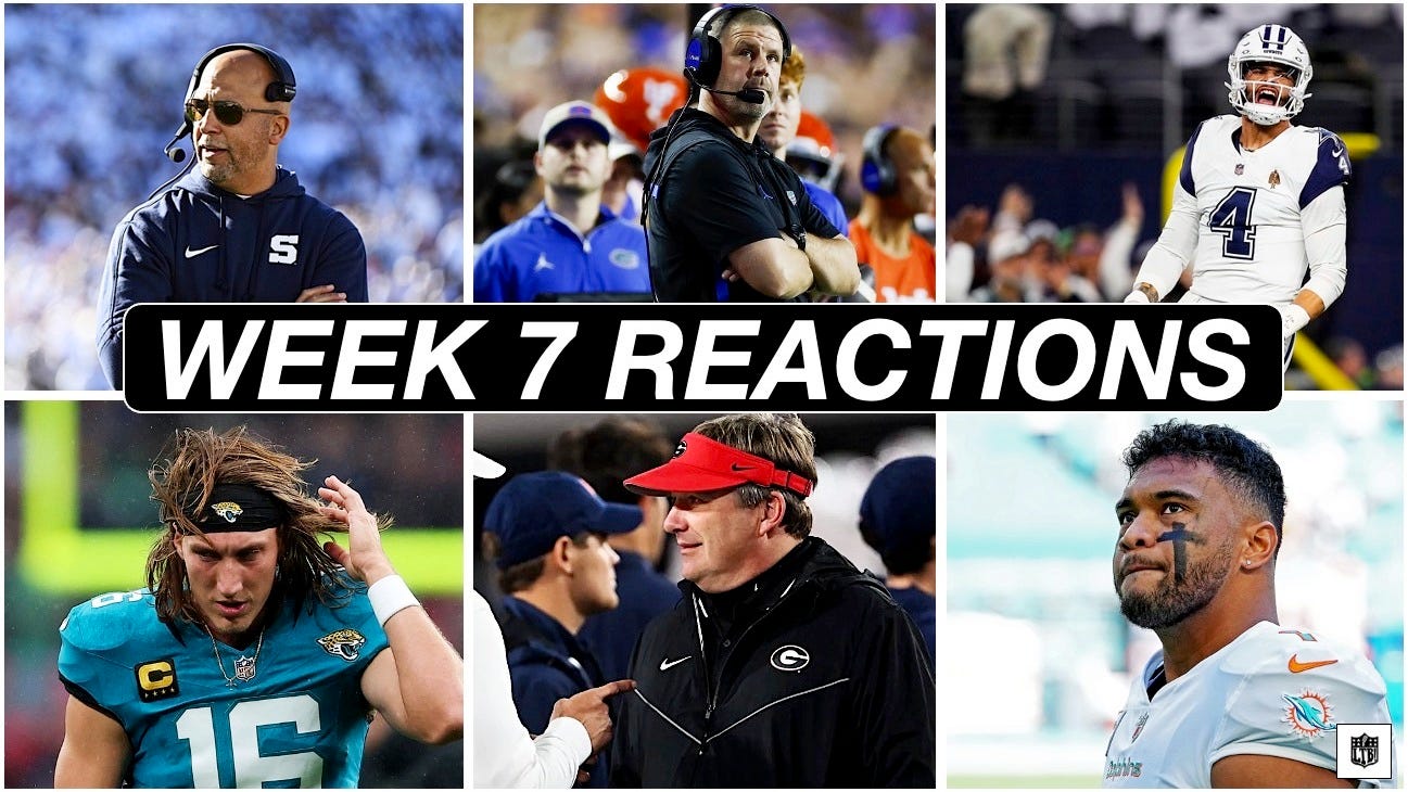 Week 7 Reactions: CFB Coaching Carousel, What's Wrong with Trevor Lawrence?, and the Dolphins Collapse Week 7 Reactions: CFB Coaching Carousel, What's Wrong with Trevor Lawrence?, and the Dolphins Collapse