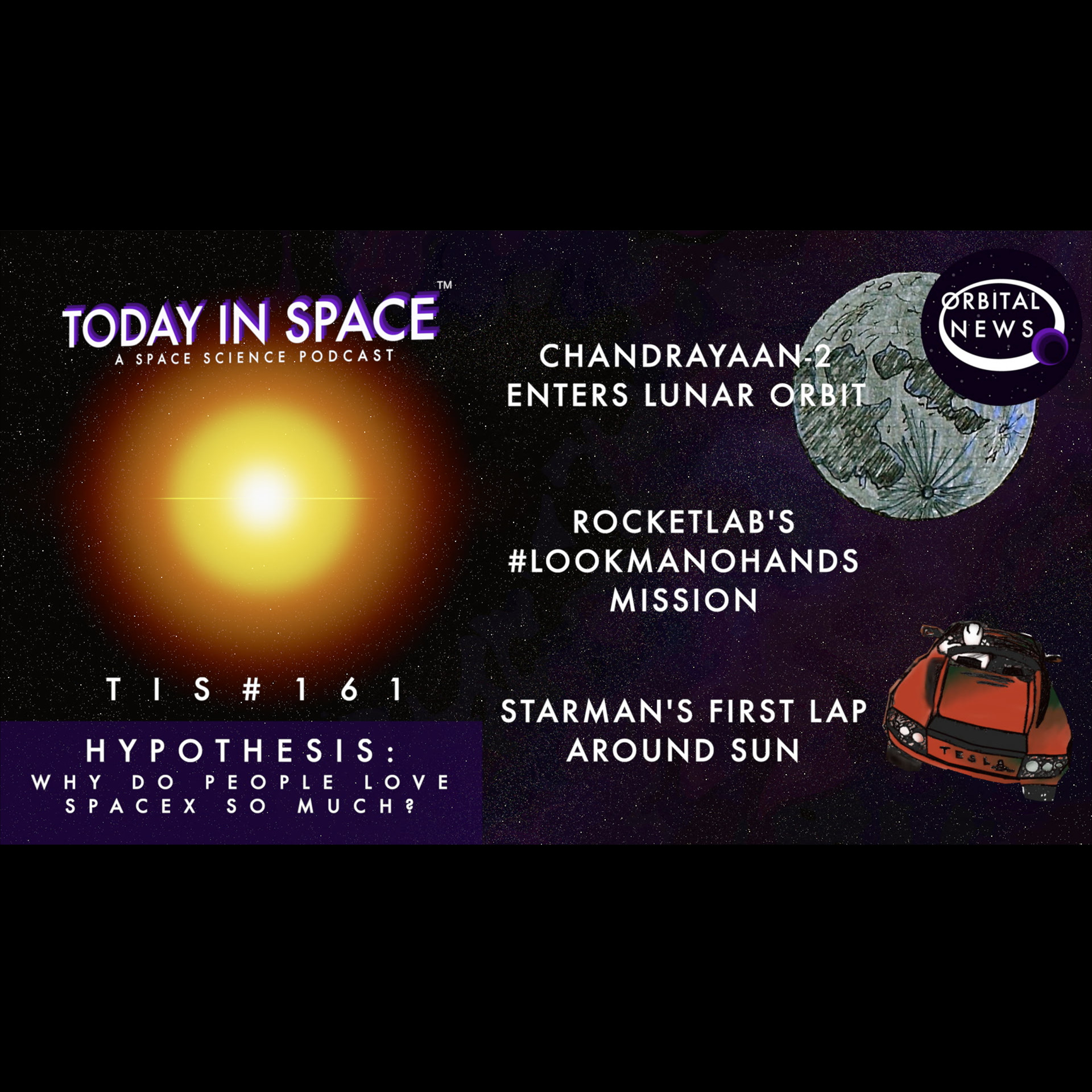 SpaceX Hypothesis, Chandrayaan2 update, RocketLabs LookMaNoHands, and Starman completes first lap of the Sun | TIS161 episode artwork