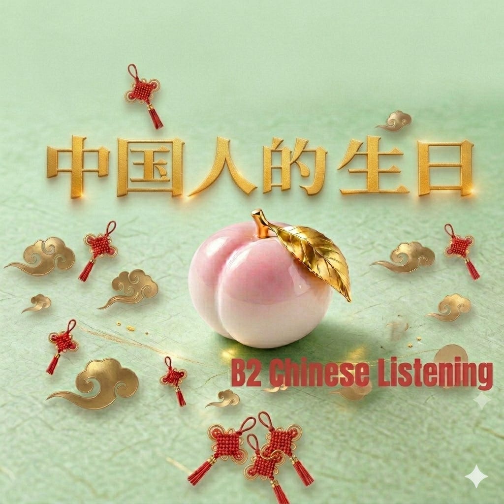 B2 Chinese | Chinese Birthdays: Noodles, Peaches & Red Eggs | HSK4 HSK5 听力 Chinese Listening Immersion Podcast