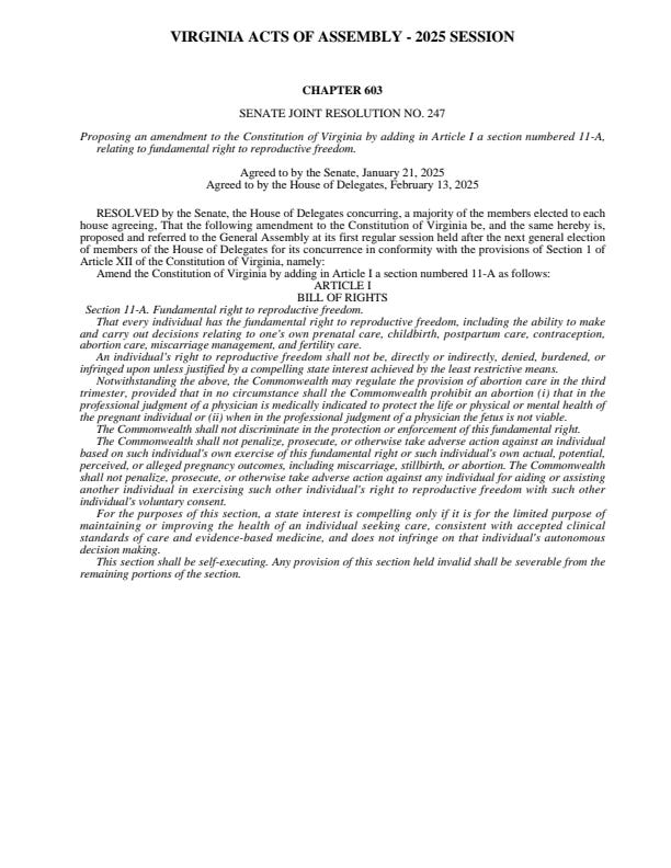 Amendment SJ247: Abortion in Virginia Amendment SJ247: Abortion in Virginia