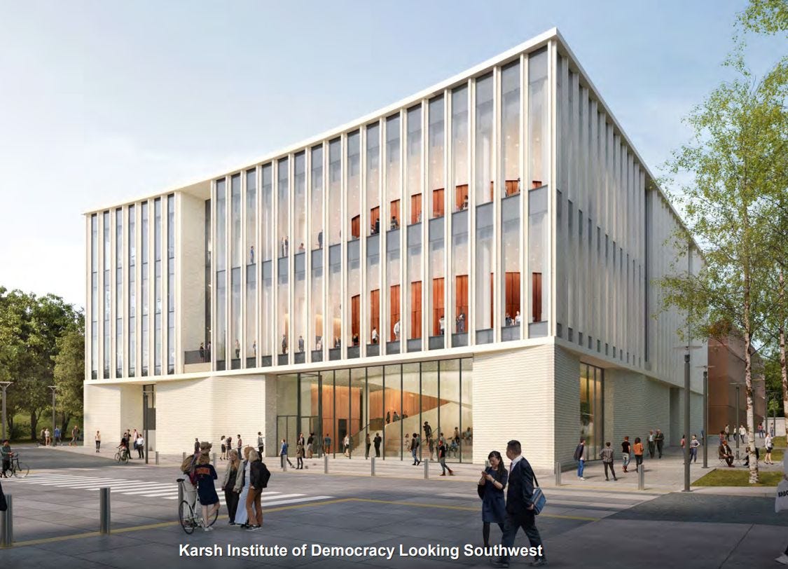 July 4, 2023: UVA panel approves design for Karsh Institute for Democracy that includes some brick; District Avenue roundabout funded episode artwork