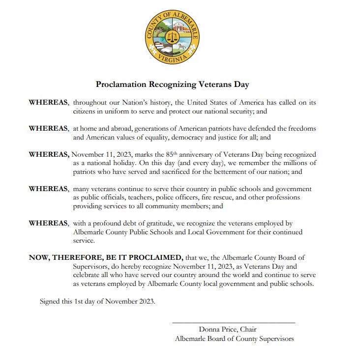 November 11, 2023: Albemarle Supervisors mark Veterans Day; Charlottesville preparing for more Downtown Mall tree work episode artwork