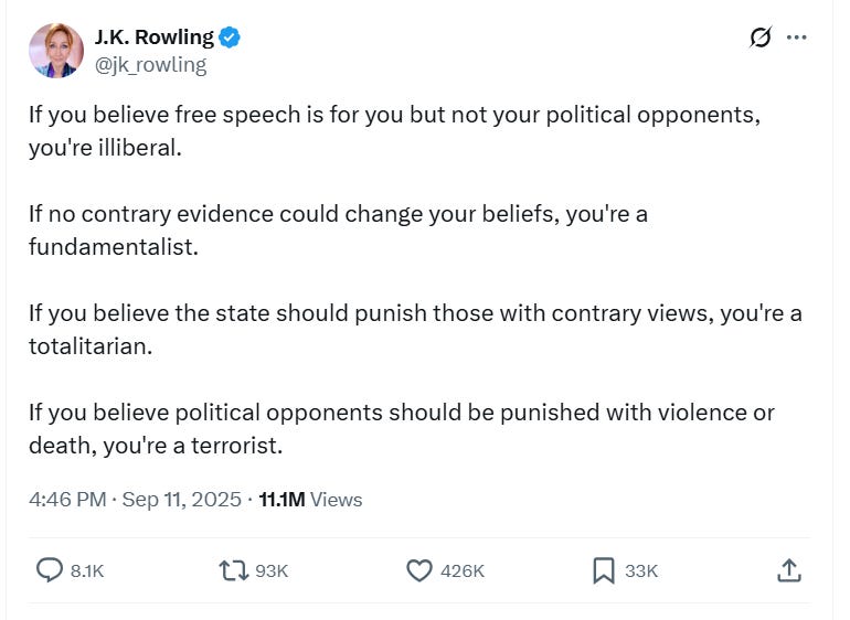 Hallmarked Man and Rowling's Tweets after the Shooting of Charlie Kirk