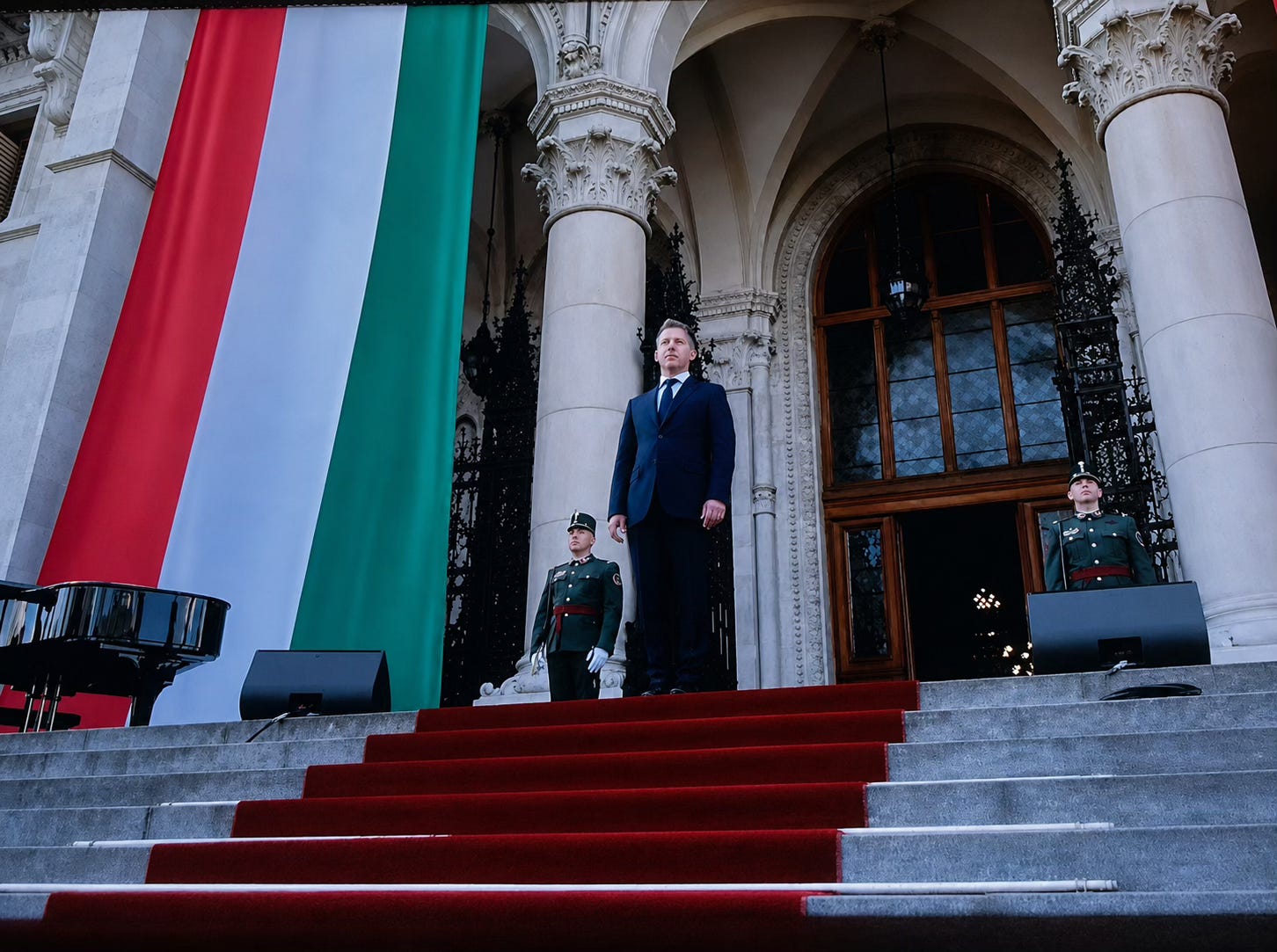 PM Péter Magyar in front of Parliament. 