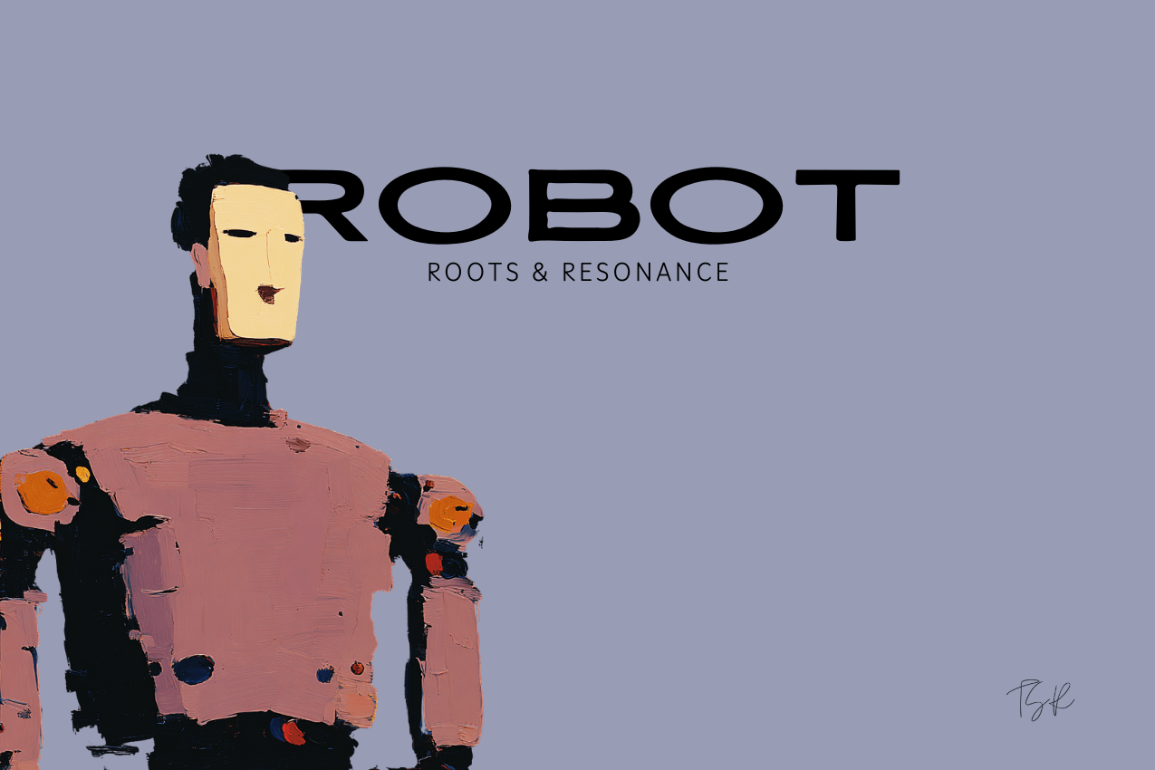 Cover image featuring a back-turned mechanical figure rendered in thick digital paint, standing before the centered keyword ROBOT. The composition is set against a muted slate-blue background. Part of the Roots & Resonance series at The Subtext Review. Cover image featuring a back-turned mechanical figure rendered in thick digital paint, standing before the centered keyword ROBOT. The composition is set against a muted slate-blue background. Part of the Roots & Resonance series at The Subtext Review.