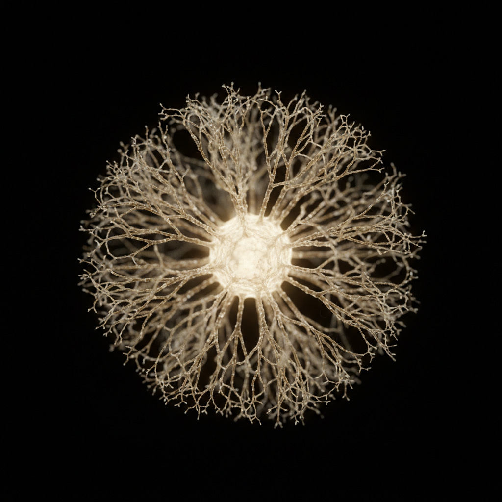 Mycelium node — luminous threads extending outward against deep black space