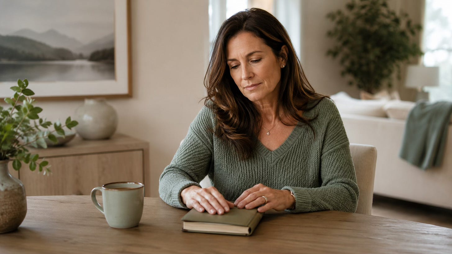 Woman seated at a table after journaling, looking thoughtful and quietly tired in a calm home setting.