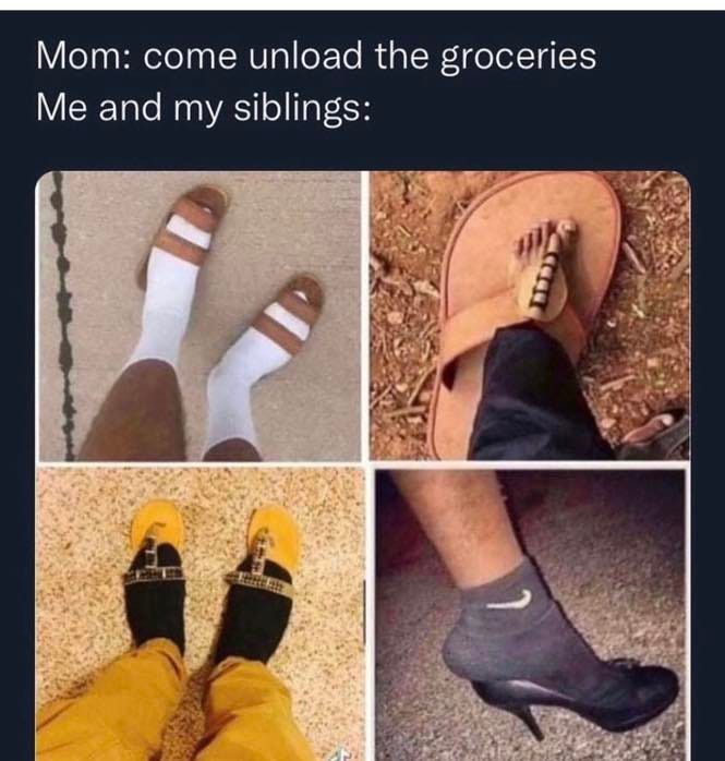 May be an image of 1 person and text that says 'Mom: come unload the groceries Me and my siblings:'