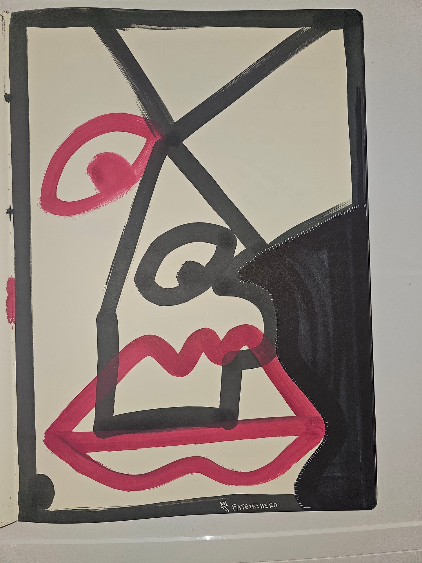 Human-made abstract face artwork by FatbikeHero critiquing artificial intelligence as a false form of intelligence, using black structural lines and red facial symbols.