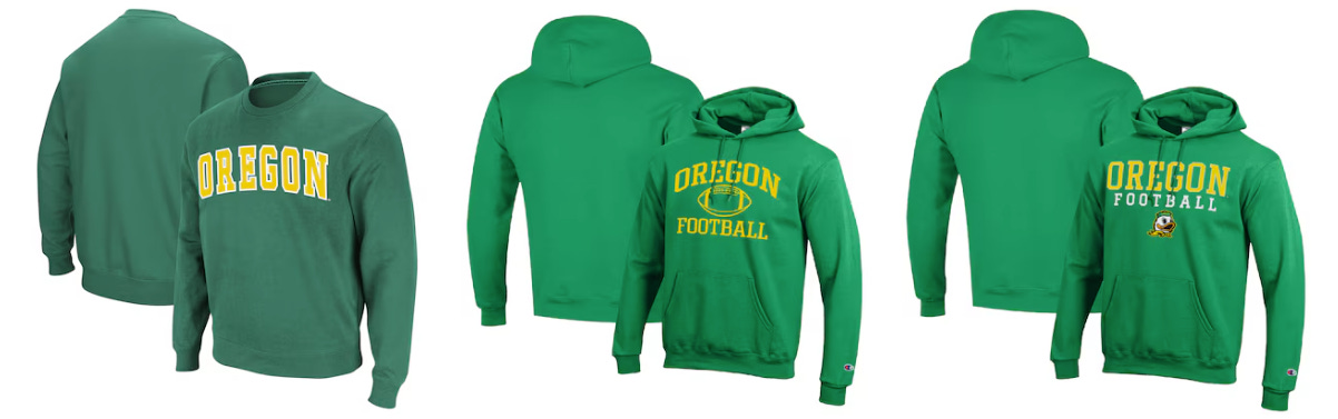 Green Oregon Ducks apparel lineup featuring an “Oregon” crewneck sweatshirt and two green hoodies with “Oregon Football” graphics, including versions with a football emblem and the Oregon Duck mascot. Deals on seats, fan gear, and premium Oregon Football coverage at www.Ducks4.Life