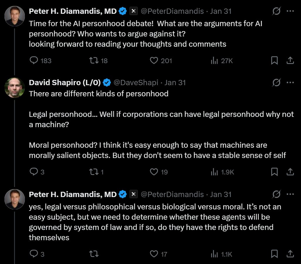Peter Diamandis와 David Shapiro의 AI 인격권에 관한 트위터 대화 캡처