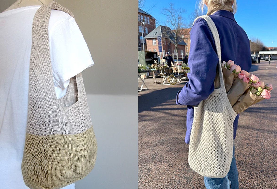on the left,mannequin wearing large shoulder bag, on the right, woman wearing shoulder bag with flowers