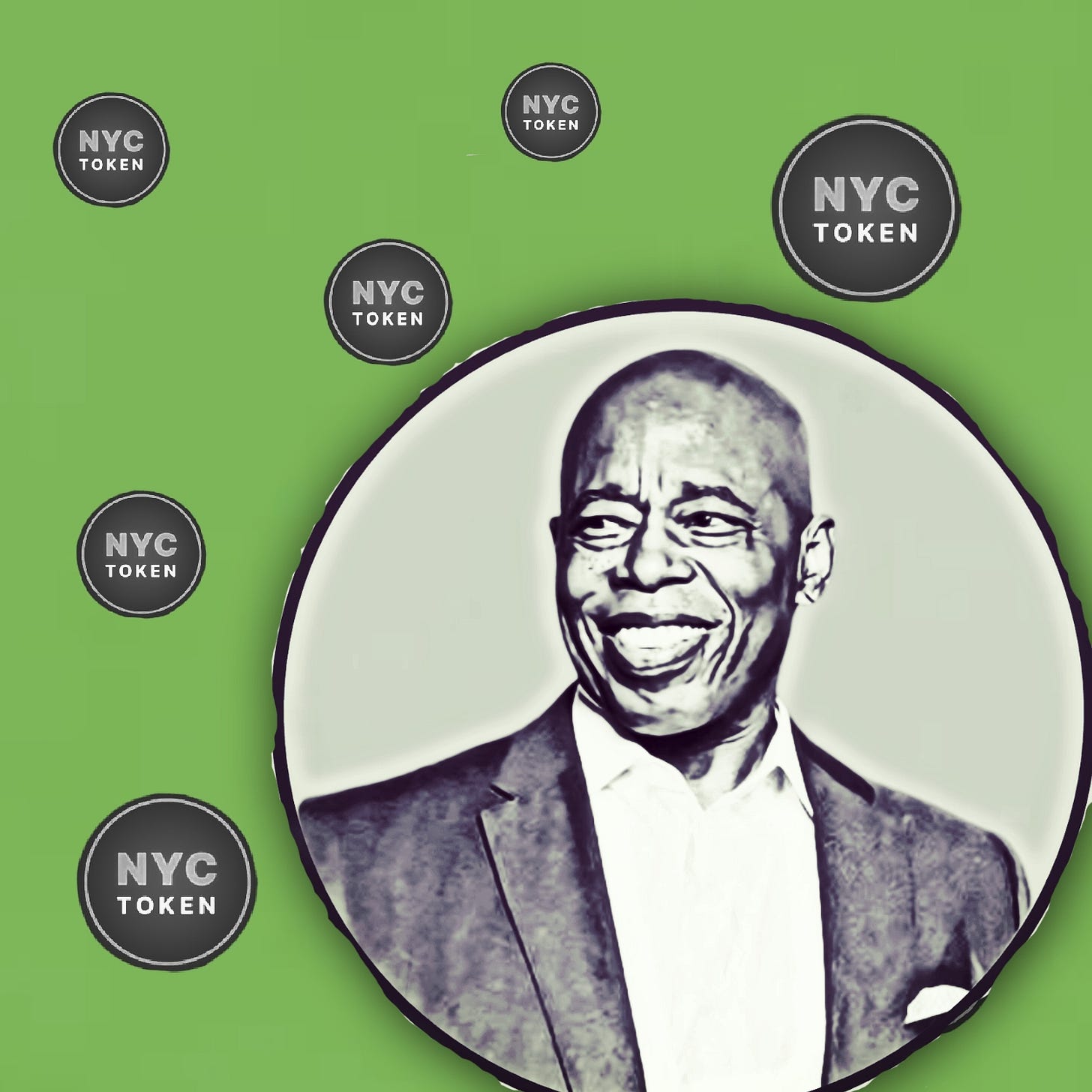 Photo illustration of former NYC Mayor Eric Adams and his NYC Token logo.