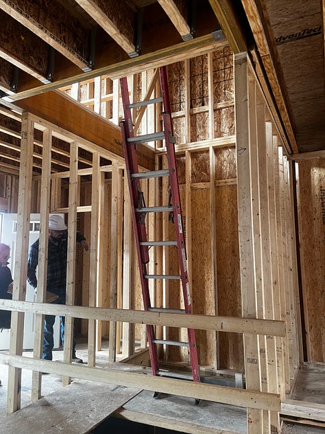 Photos of construction progress, volunteers working on site.