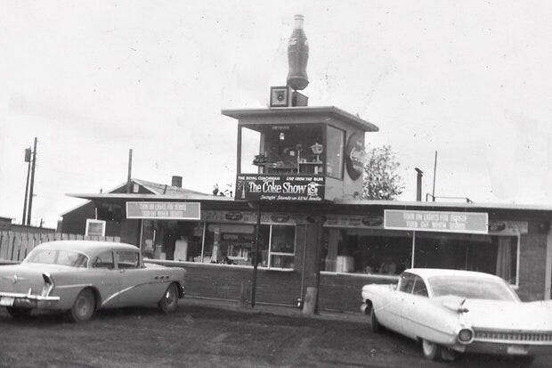 The Bun Drive-In and with the Anchorage Coke Show radio booth on the roof top in Anchorage, Alaska.