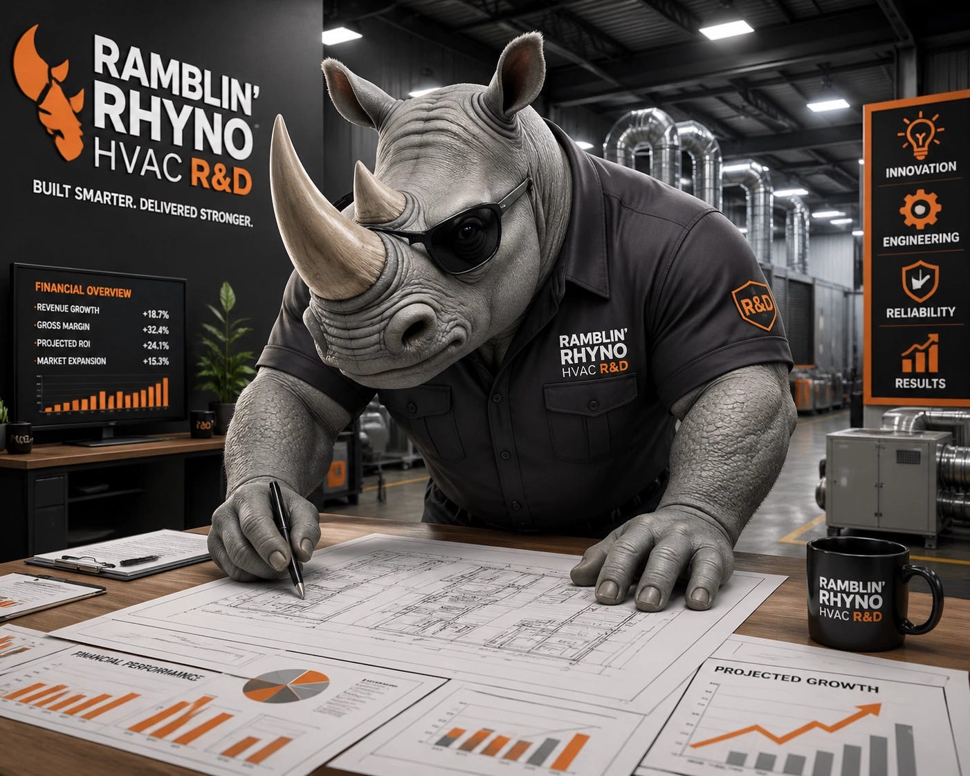 Ramblin' Rhyno mascot reviewing financial charts and HVAC blueprints to gain business clarity and leadership. Ramblin' Rhyno mascot reviewing financial charts and HVAC blueprints to gain business clarity and leadership.