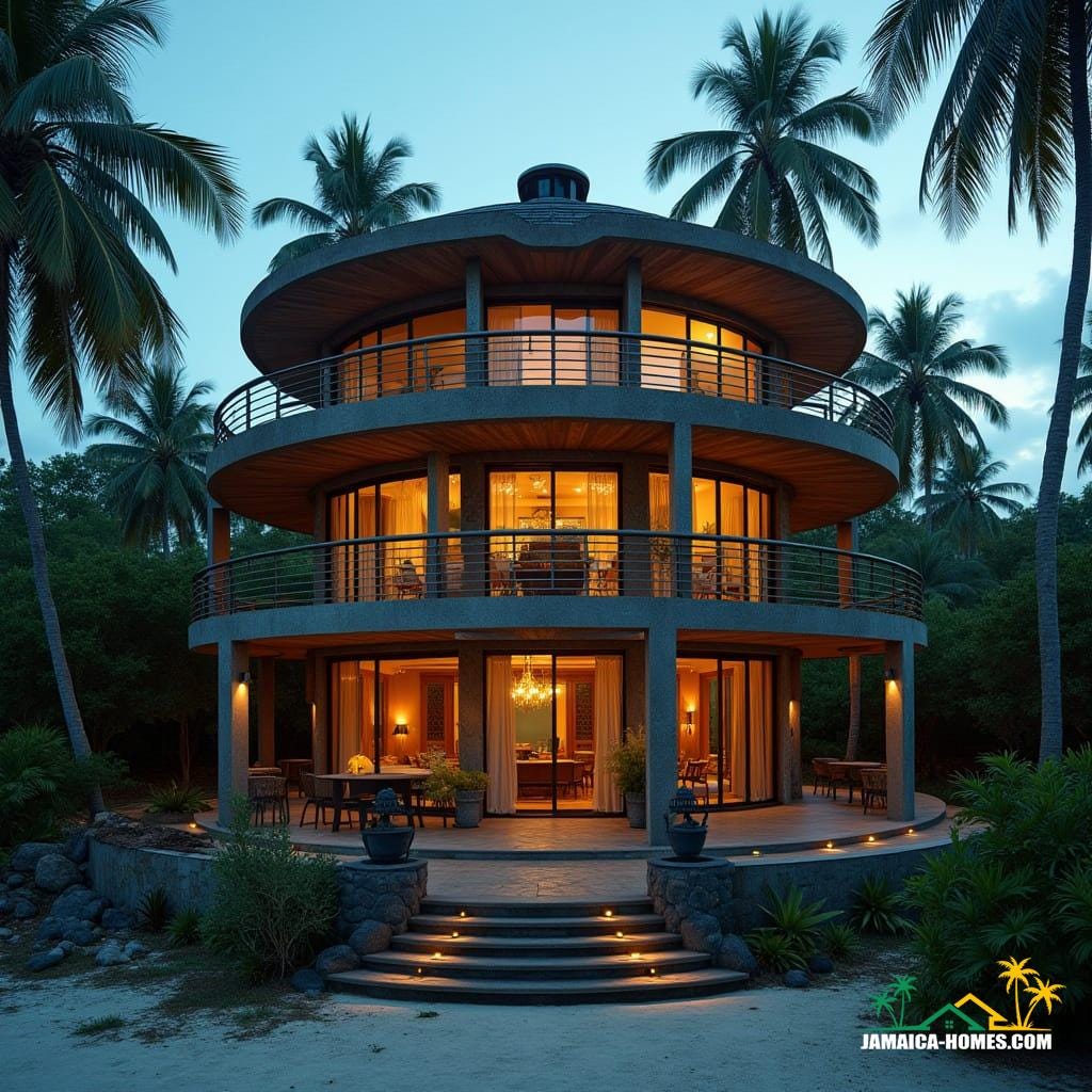 A majestic 4-storey steel frame round beach home in Jamaica, Caribbean, with protruding balconies, bathed in warm cinematic lighting, reminiscent of Wes Anderson, Alejandro Jodorowsky, and Terrence Malick, with a rich 35mm film aesthetic, pronounced film grain, subtle vignette, and deliberate color grading, evoking a sense of atmospheric drama and epic wonder.