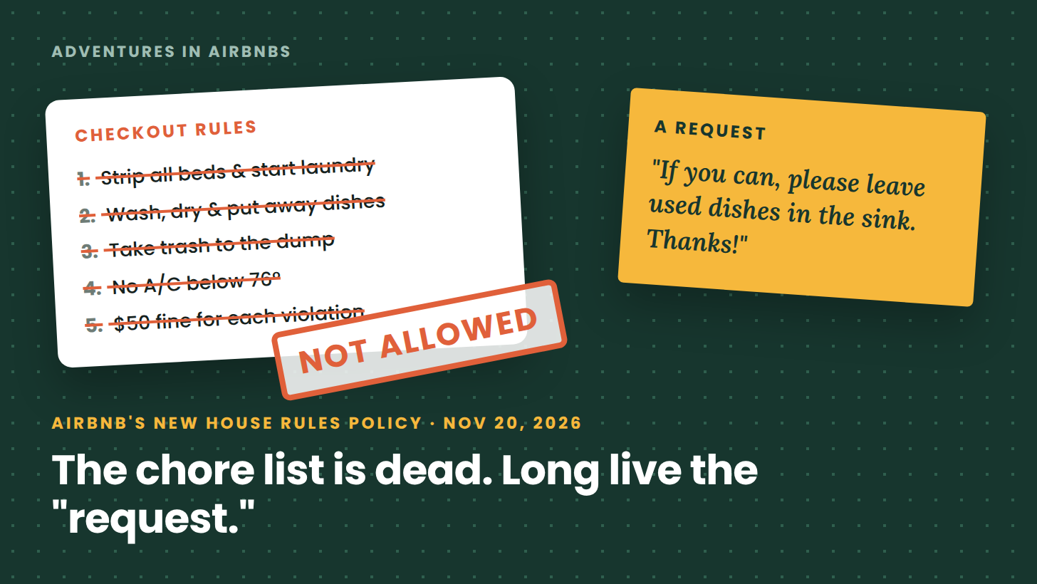 A crossed-out checkout chore list next to a polite request note
