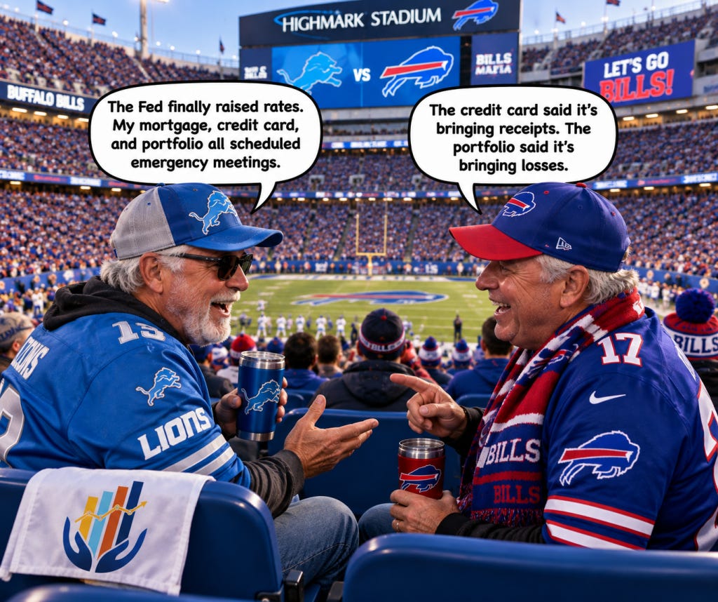 Two men sitting in a stadium, wearing sports jerseys and hats, engaged in a humorous conversation about finance during a football game between the Buffalo Bills and another team.