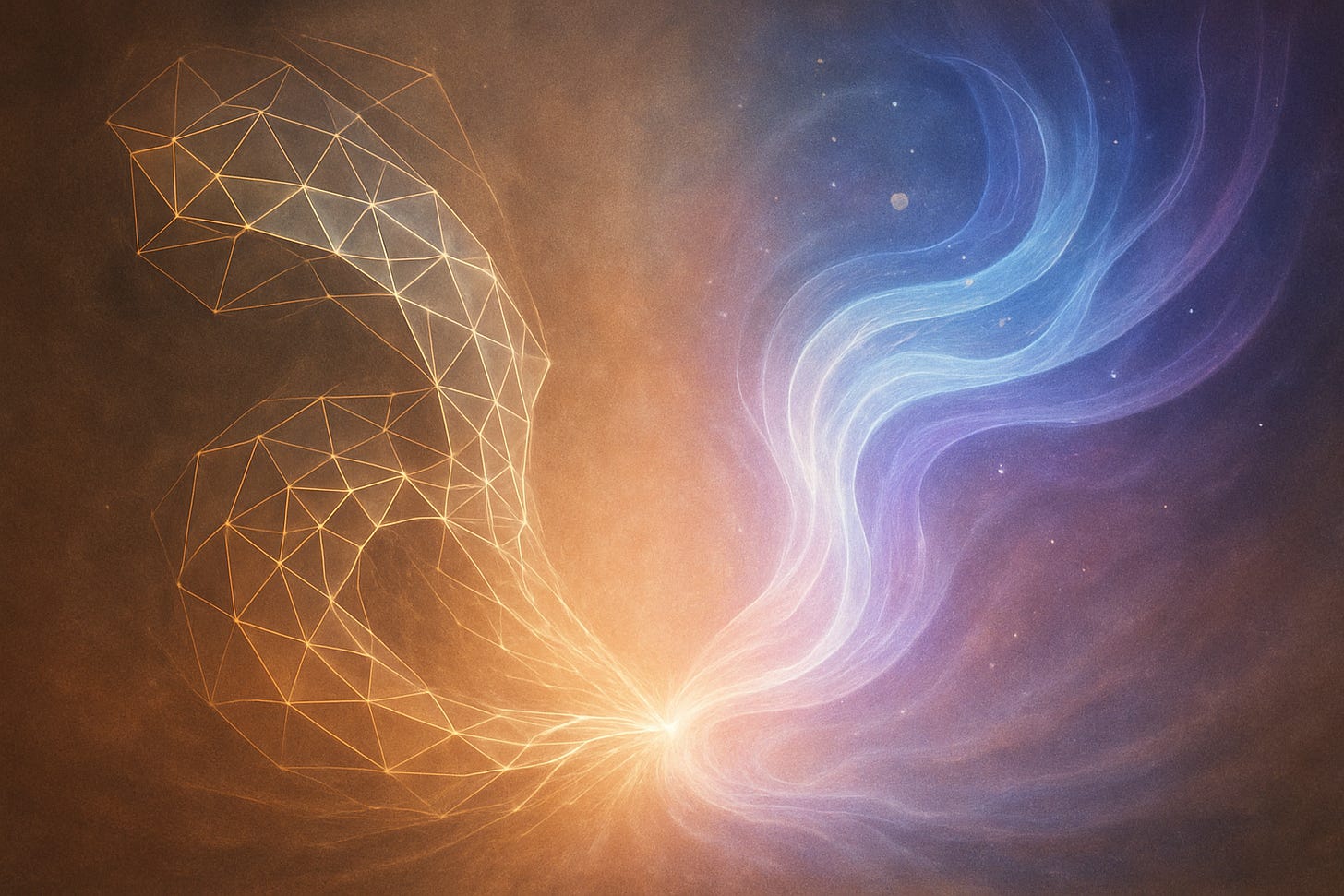 forma versus fluidez a ideia do velho sábio e do místico. um traz a forma e o outro o espirito. de um ponto luminoso sai tanto a forma quanto a fluidez. forma é alaranjado com um padrão geometrico de pontos fazendo algumas curvas. a fluidez, o mistico é cor puxada para o lilás com formas de fumaça, ou seja, sem uma forma definida