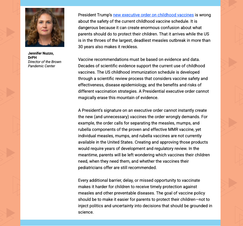 A headshot of Jennifer Nuzzo next to an opinion piece criticizing a presidential executive order regarding childhood vaccine safety and policy.