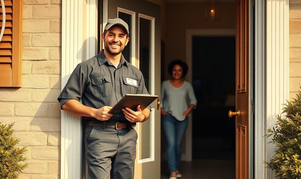 confident residential service tech smiles before beginning service job at customer home