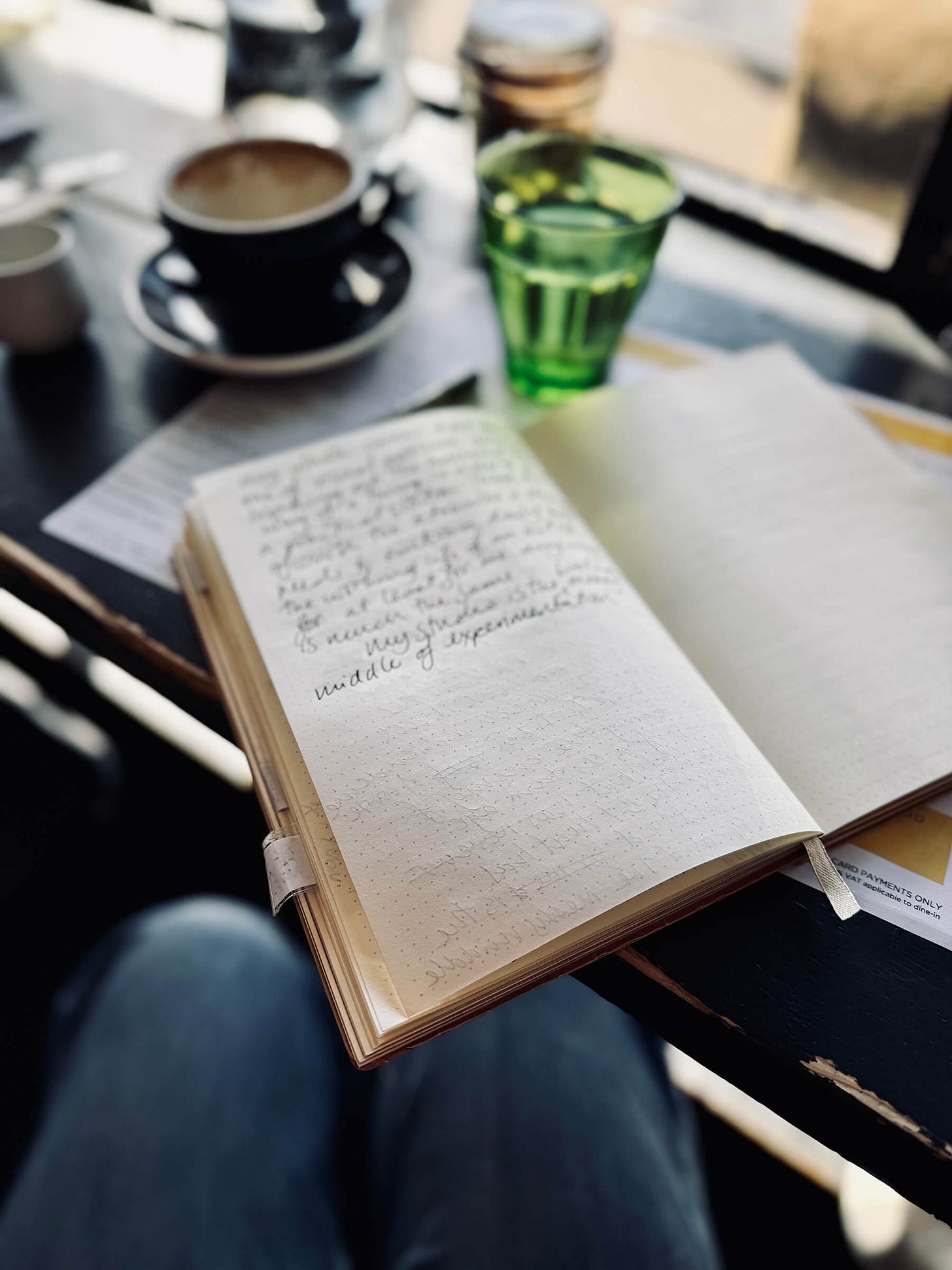 Open journal page resting on a coffee shop counter with coffee cup and green water glass