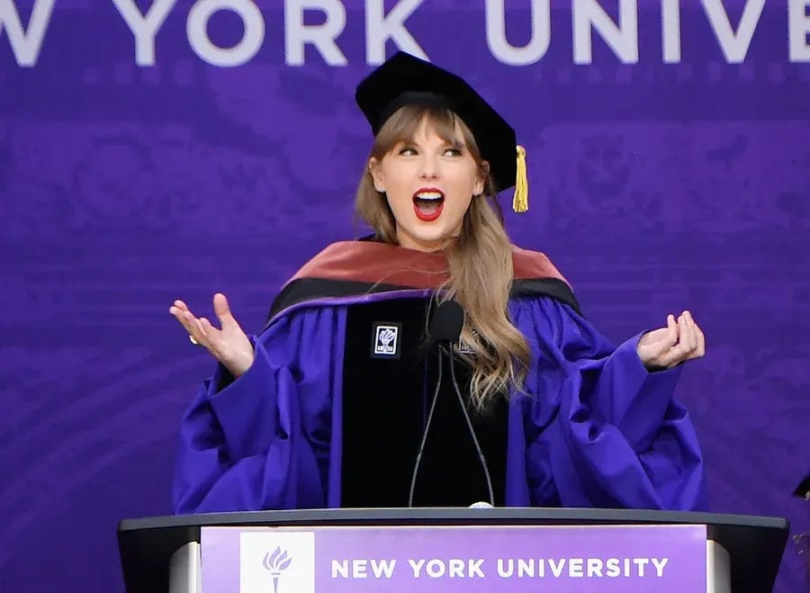 Taylor Swift giving a commencement speech at New York University.