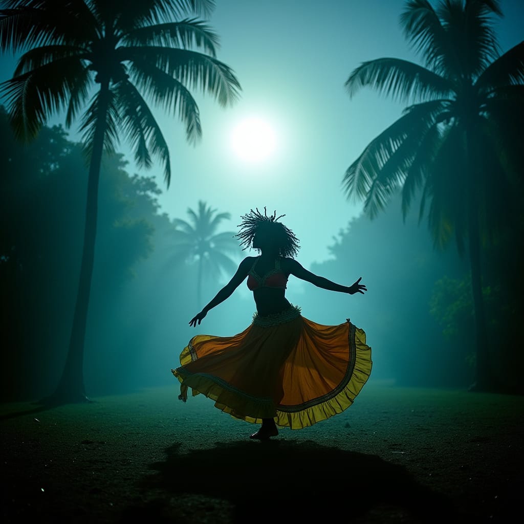 A Jamaican folk dancer, dressed in vibrant, flowing traditional attire, moves with energetic abandon in a misty, moonlit clearing, surrounded by lush tropical foliage. Soft, warm cinematic lighting casts dramatic shadows on her face and body, as she spins and leaps to the rhythm of the drums. The atmosphere is electric, with a sense of mystical energy emanating from the trees and the dancer herself.