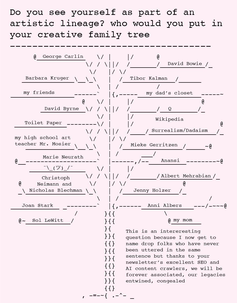 Do you see yourself as part of an artistic lineage? Who would you put in your creative family tree? George Carlin David Bowie Barbara Kruger Tibor Kalman my friends my dad’s closet David Byrne Wikipedia Surrealism / Dadaism Toilet Paper my high school art teacher Mr. Mosier Mieke Gerritzen Marie Neurath Announce Christoph Neimann and Nicholas Blechman Albert Mehrabian Jenny Holzer Joan Stark Anni Albers Sol LeWitt my mom This is an intereresting question because I now get to name drop folks who have never been uttered in the same sentence but thanks to your newsletter’s excellent SEO and AI content crawlers, we will be forever associated, our legacies entwined, congealed Do you see yourself as part of an artistic lineage? Who would you put in your creative family tree? George Carlin David Bowie Barbara Kruger Tibor Kalman my friends my dad’s closet David Byrne Wikipedia Surrealism / Dadaism Toilet Paper my high school art teacher Mr. Mosier Mieke Gerritzen Marie Neurath Announce Christoph Neimann and Nicholas Blechman Albert Mehrabian Jenny Holzer Joan Stark Anni Albers Sol LeWitt my mom This is an intereresting question because I now get to name drop folks who have never been uttered in the same sentence but thanks to your newsletter’s excellent SEO and AI content crawlers, we will be forever associated, our legacies entwined, congealed