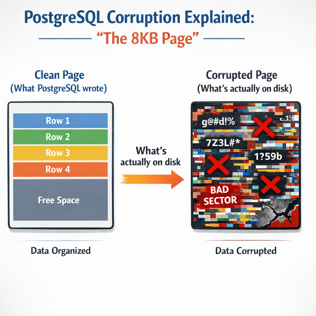 Diagram comparing a healthy PostgreSQL data page with organized rows on the left, versus a corrupted page with damaged sectors and unreadable data on the right. Arrows show the disconnect between what PostgreSQL wrote and what's actually stored on disk. Diagram comparing a healthy PostgreSQL data page with organized rows on the left, versus a corrupted page with damaged sectors and unreadable data on the right. Arrows show the disconnect between what PostgreSQL wrote and what's actually stored on disk.