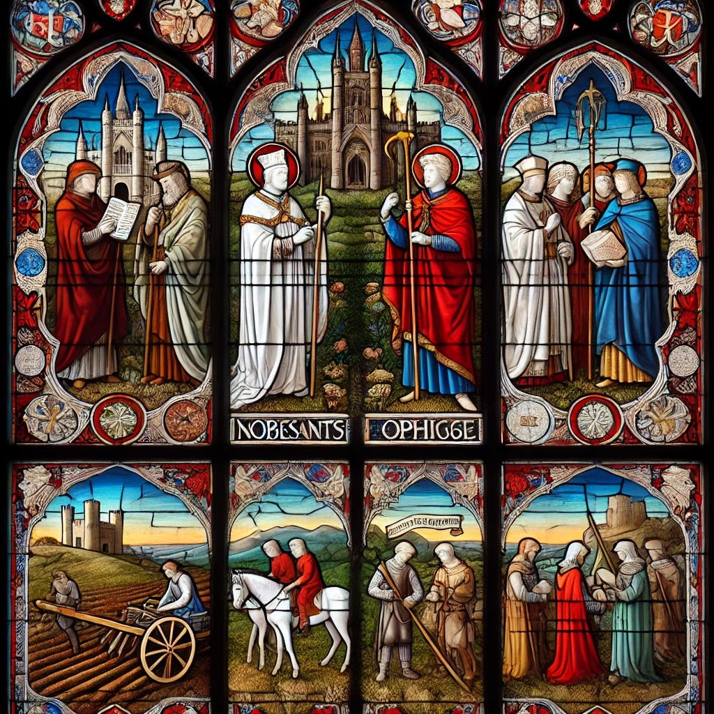 A stained glass window in the style of the Middle Ages, depicting a scene that embodies the concept of feudalism. The window is divided into intricate panels, each telling part of the story of feudal obligations. At the top, a noble patriarch in regal attire rules from a castle, symbolizing the ruling class. Below, peasants work the land with plows and tools, while knights offer military service to the lord. The imagery reflects a sense of reciprocal, though uneven, obligations—noblesse oblige in action—with the patriarch appearing both stern and responsible. The design includes castles, fields, and banners in rich colors typical of medieval stained glass, such as deep reds, blues, and greens, surrounded by ornate borders. The lighting through the glass casts an ethereal, sacred-like glow, reminiscent of Gothic cathedrals.