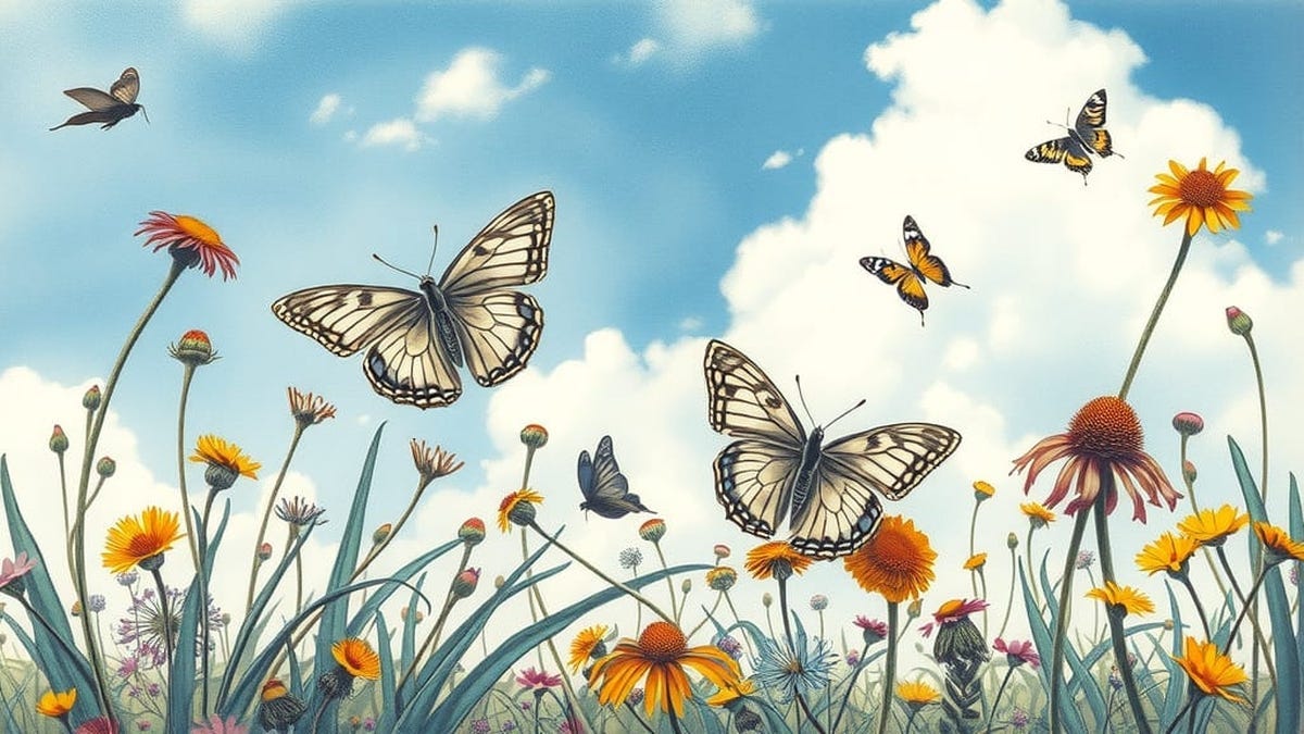 Image shows blue skies with white clouds, orange wildflowers in the foreground and butterflies filling the scene.