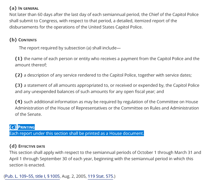 The US Code provision requiring the printing of this report