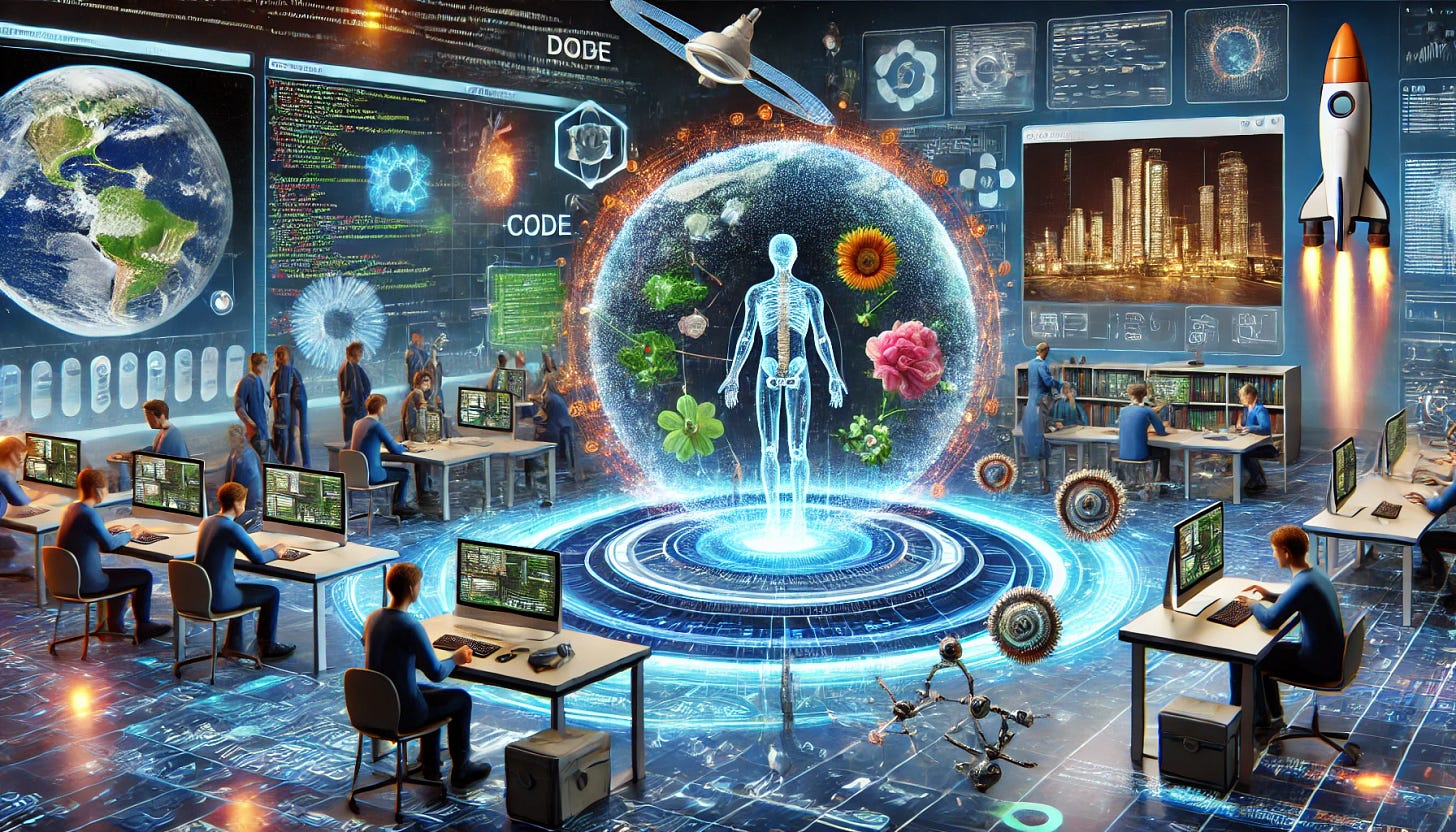 A futuristic scene showcasing the integration of programming and information technology as the core of education and society. The image features a vibrant digital network with glowing data streams connecting a classroom, a hospital, and a space station. The classroom has students interacting with holographic interfaces displaying code and IT systems. The hospital shows nanobots working inside a human body represented on a digital screen. The space station is connected to Earth through a visible network of light beams. The overall atmosphere is advanced, dynamic, and hopeful, symbolizing the pulse and brain of a connected future.