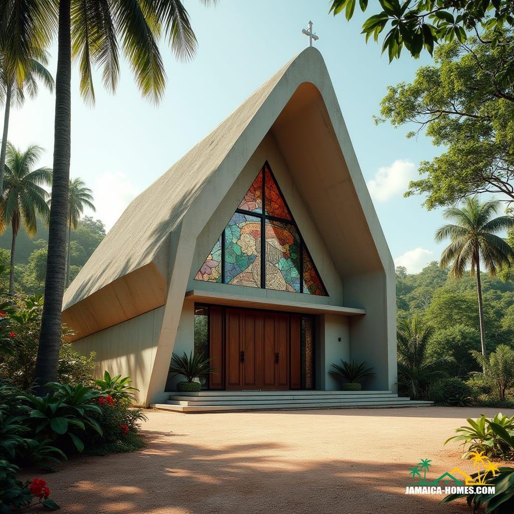 Photorealistic architectural photography of St. Paulus Church reimagined for Jamaica: a monumental, tropical Brutalist church with exterior and interior views. Exterior: Set on a bauxite-red soil hill enveloped by dense tropical foliage of royal palms, vibrant bougainvillea, and breadfruit trees under a bright, diffused sky casting crisp shadows. The building features a vast, folded-plate concrete roof with an ochre hue, smooth unpainted concrete with natural texture. Main entrance has heavy, dark mahogany doors carved with traditional Jamaican folk patterns. A nearby open-air bell tower of reddish-tinted concrete and dark tropical wood slats houses a large bronze bell. Interior: A single, soaring, column-free space with a vast, raw, ribbed concrete ceiling showing wooden formwork. Floor of polished local stone or embedded river pebbles in terrazzo. A dramatic, large triangular stained-glass window above the altar depicts a doctor bird and Lignum Vitae, casting colorful light patterns. Simple, sturdy pews of dark, polished local tropical hardwood. Altar is a solid, sculptural block of polished concrete. Cinematic lighting, wide-angle lens, high dynamic range, focus on textures, clean lines, serene atmosphere, shot on v-raptor XL, film grain, vignette, color graded, post-processed, 35mm film, best quality, atmospheric.