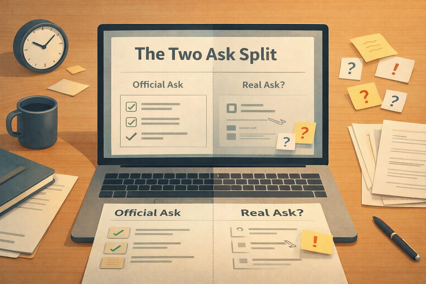 Illustration of a tidy wooden desk with a laptop showing a split screen: “Official Ask” on the left with a neat checklist and “Real Ask?” on the right with faint, ambiguous blocks. A blank sheet of paper lies across the keyboard, with sticky notes marked ?, !, a coffee mug, clock, pen, and stacked documents arranged around the laptop. Illustration of a tidy wooden desk with a laptop showing a split screen: “Official Ask” on the left with a neat checklist and “Real Ask?” on the right with faint, ambiguous blocks. A blank sheet of paper lies across the keyboard, with sticky notes marked ?, !, a coffee mug, clock, pen, and stacked documents arranged around the laptop.
