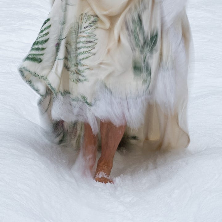 Diptych: Person walking in snow holding up a wedding dress and top-down view of two feet in snow.