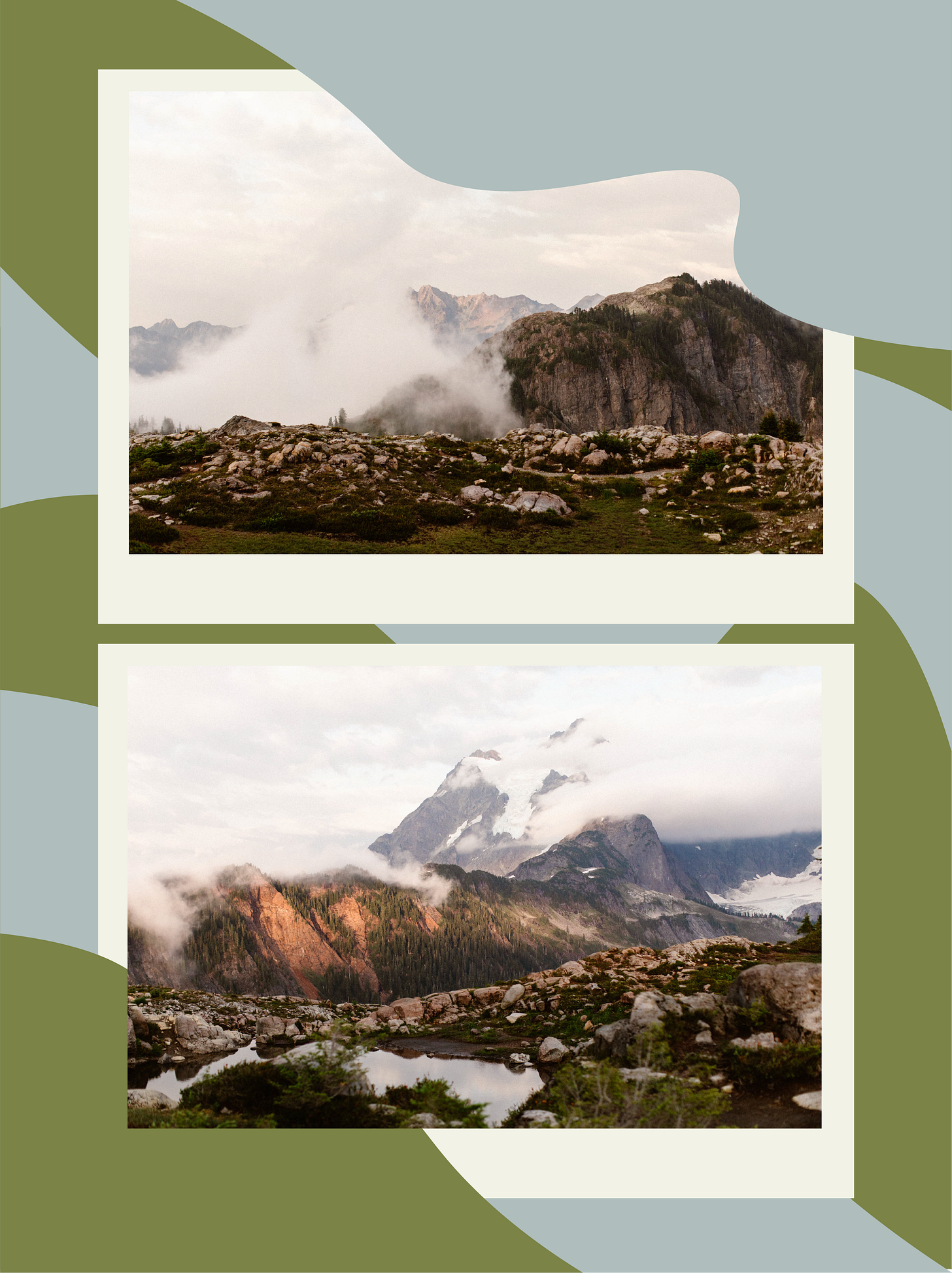 two photos of mountain views along hiking trails two photos of mountain views along hiking trails